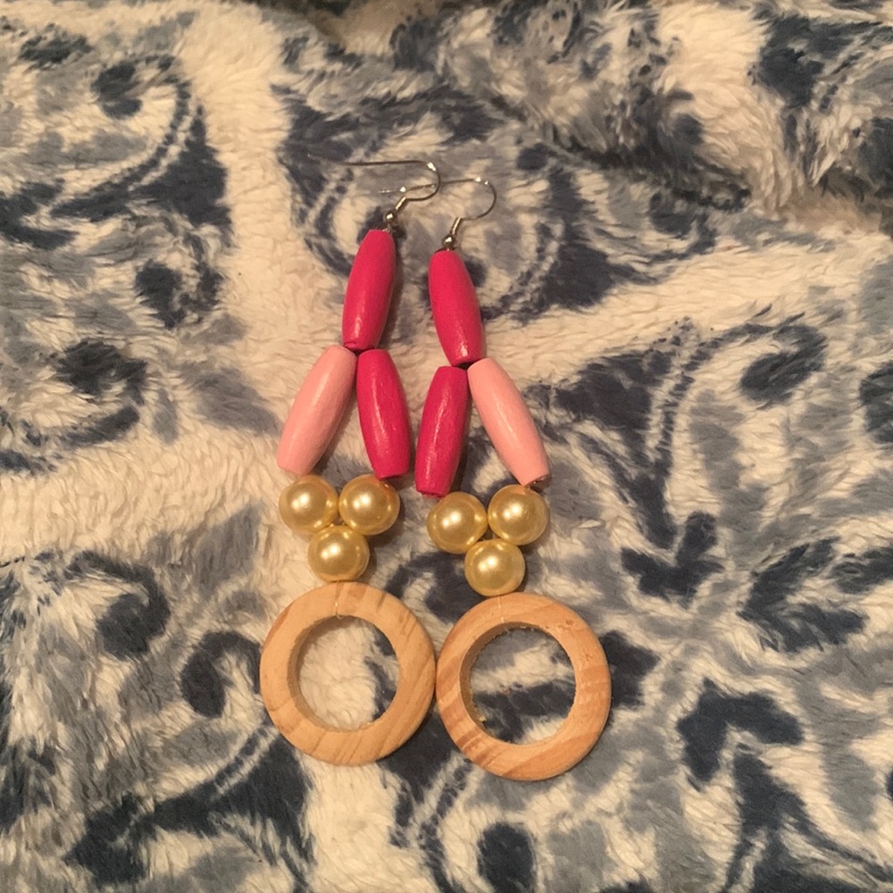Wooden earrings with pearl beads, pink and wood